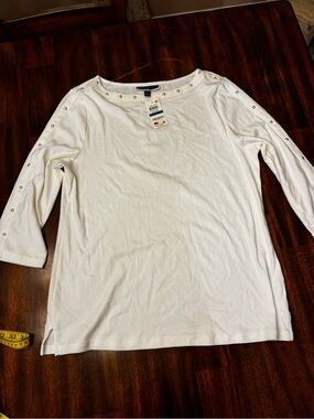 Karen Scott White Boatneck Eyelet-Trim Long Sleeve Top XL NWT
